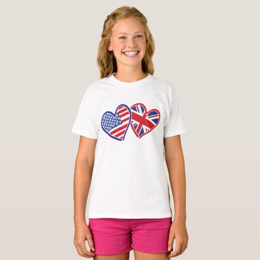 Amerikaanse en Britse patriottische vlaggenharten T-shirt (Voorkant volledig)
