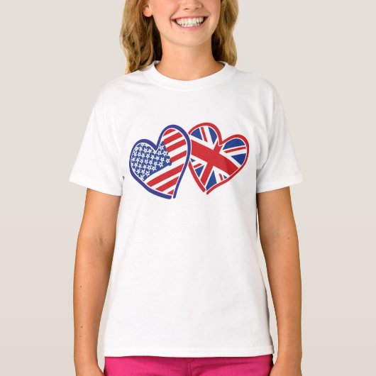 Amerikaanse en Britse patriottische vlaggenharten T-shirt (Voorkant)