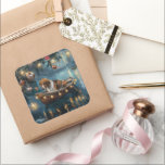 Amerikaanse Engelse Foxhound Christmas Feestelijke Vierkante Sticker<br><div class="desc">Vaar in de magie van het vakantieseizoen met deze prachtig gedetailleerde illustratie, met een trotse hond die in een feestelijk versierde boot zit en over een sereen kerstmeer glijdt. De twinkelende lichten van nabijgelegen pijnbomen reflecteren op het water en werpen een warme, feestelijke gloed die de gezellige sfeer verbetert. Ornamenten...</div>