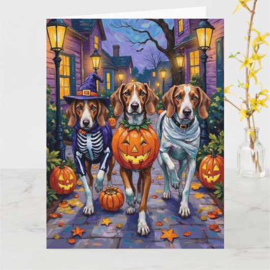 Amerikaanse Engelse Foxhound in Halloween kostuums Kaart (Gele Bloem)
