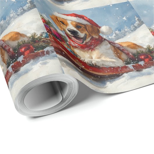 Amerikaanse Engelse Foxhound in Sledge Christmas Cadeaupapier (Rol Hoek)