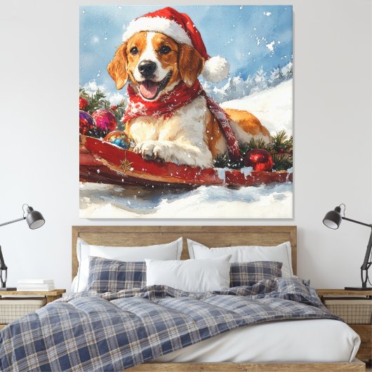 Amerikaanse Engelse Foxhound in Sledge Christmas Canvas Afdruk (Insitu (Slaapkamer))