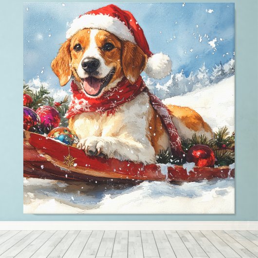 Amerikaanse Engelse Foxhound in Sledge Christmas Canvas Afdruk (Insitu (Houten vloer))