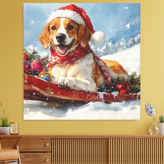 Amerikaanse Engelse Foxhound in Sledge Christmas Canvas Afdruk (Insitu (Woonkamer))
