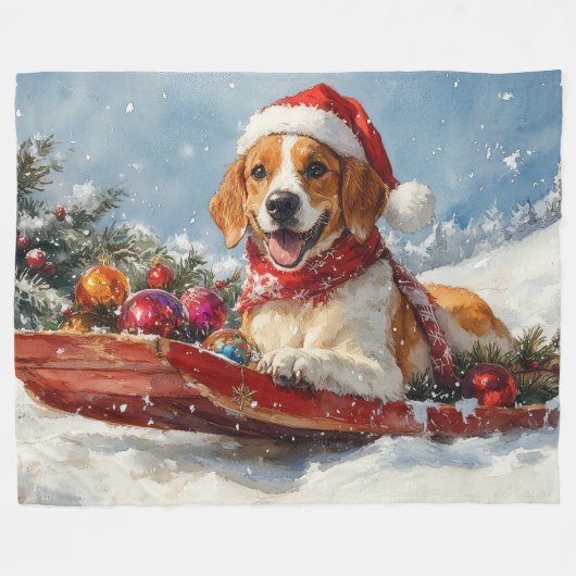 Amerikaanse Engelse Foxhound in Sledge Christmas Fleece Deken (Voorkant (Horizontaal))