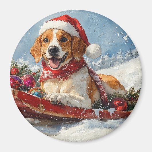 Amerikaanse Engelse Foxhound in Sledge Christmas Magneet (Voorkant)