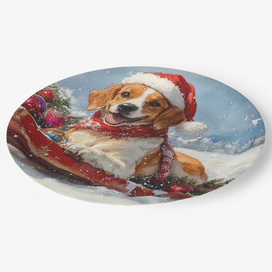 Amerikaanse Engelse Foxhound in Sledge Christmas Papieren Bordje (Gekanteld)