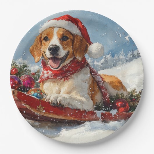 Amerikaanse Engelse Foxhound in Sledge Christmas Papieren Bordje (Voorkant)