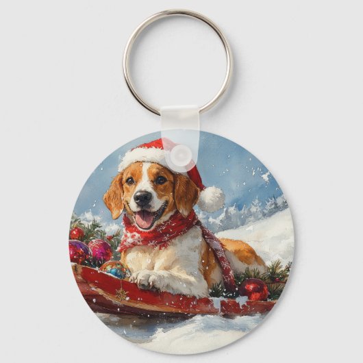 Amerikaanse Engelse Foxhound in Sledge Christmas Sleutelhanger (Voorkant)