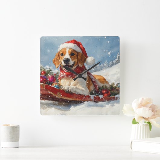 Amerikaanse Engelse Foxhound in Sledge Christmas Vierkante Klok (Huis)