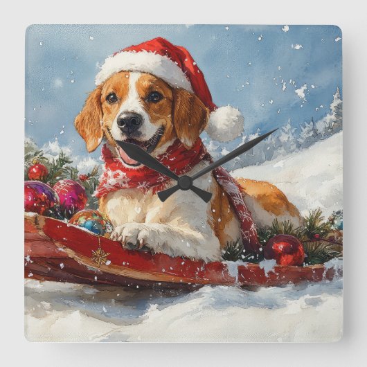 Amerikaanse Engelse Foxhound in Sledge Christmas Vierkante Klok (Voorkant)