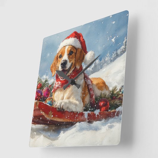 Amerikaanse Engelse Foxhound in Sledge Christmas Vierkante Klok (Hoek)