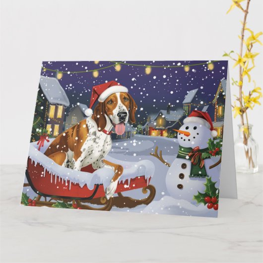 Amerikaanse Engelse Foxhound in Sleigh Snow Kerstm Kaart (Gele Bloem)