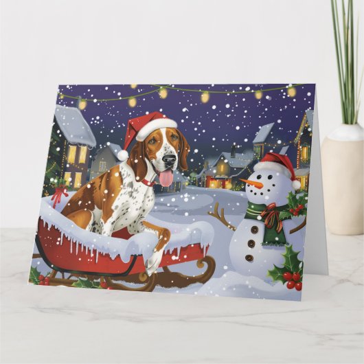 Amerikaanse Engelse Foxhound in Sleigh Snow Kerstm Kaart (Voorkant)