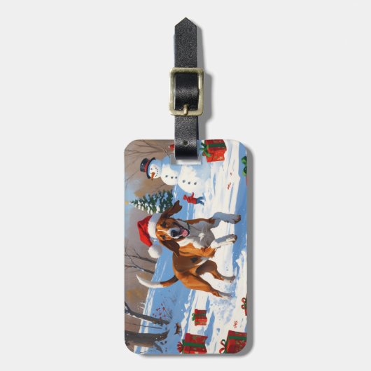 Amerikaanse Engelse Foxhound Kerstfeest Sneeuw Bagagelabel (Voorkant verticaal)