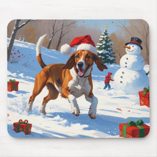 Amerikaanse Engelse Foxhound Kerstfeest Sneeuw Muismat (Voorkant)
