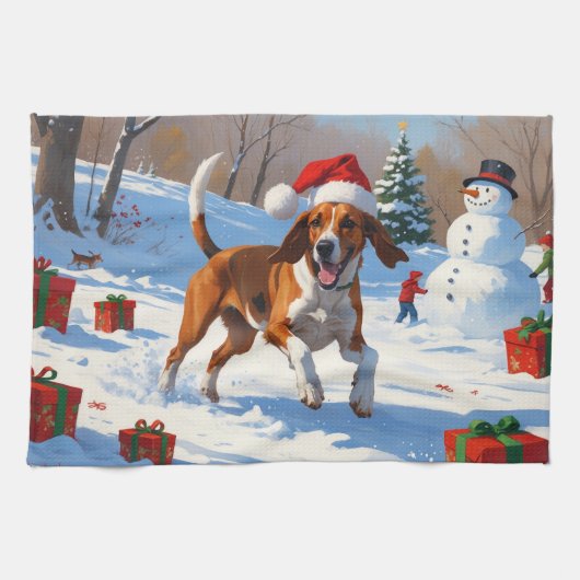 Amerikaanse Engelse Foxhound Kerstfeest Sneeuw Theedoek (Horizontaal)