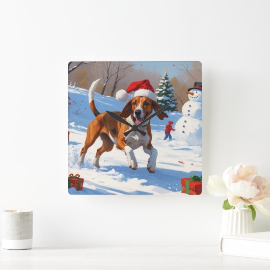 Amerikaanse Engelse Foxhound Kerstfeest Sneeuw Vierkante Klok (Huis)