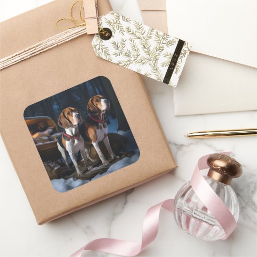 Amerikaanse Engelse Foxhound Sneeuw Slede Kerstmis Vierkante Sticker (Geschenken)