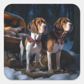 Amerikaanse Engelse Foxhound Sneeuw Slede Kerstmis Vierkante Sticker (Voorkant)
