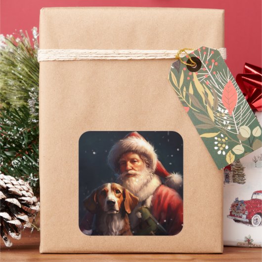 Amerikaanse Engelse vosshond Kerstman Kerstmis Vierkante Sticker (Feestdagen)