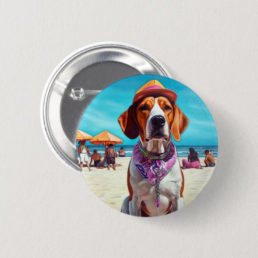Amerikaanse Engelse vosshond op het strand, zomer  Ronde Button 5,7 Cm (Voorkant /achterkant)