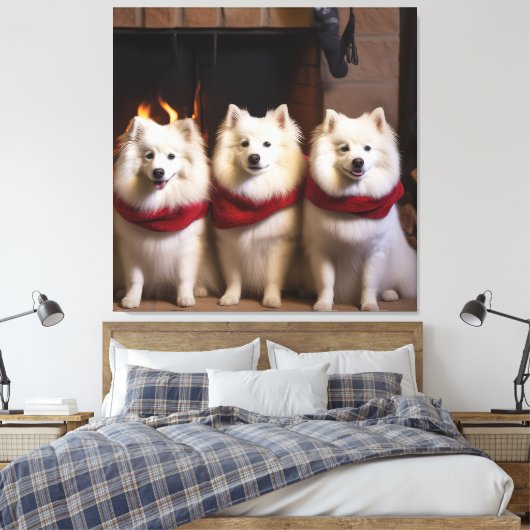 Amerikaanse Eskimo bij de open haard Kerstmis Canvas Afdruk (Insitu (Slaapkamer))