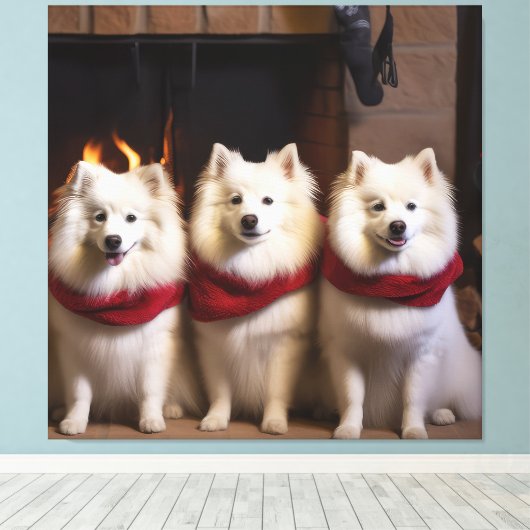 Amerikaanse Eskimo bij de open haard Kerstmis Canvas Afdruk (Insitu (Houten vloer))