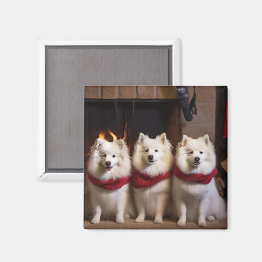 Amerikaanse Eskimo bij de open haard Kerstmis Magneet (Voorkant / Achterkant)