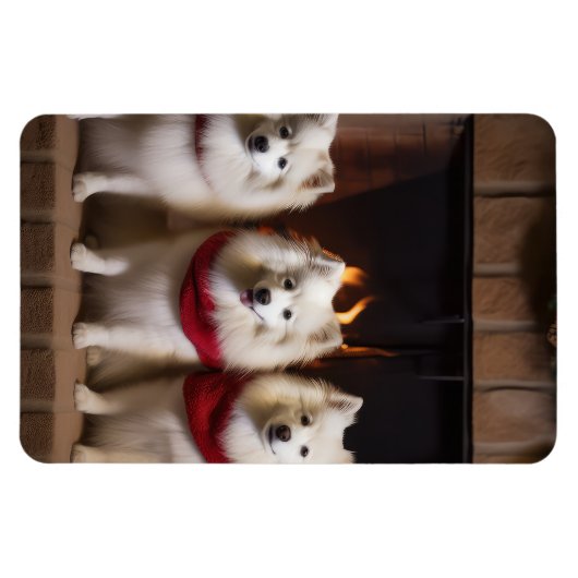 Amerikaanse Eskimo bij de open haard Kerstmis Magneet (Horizontaal)