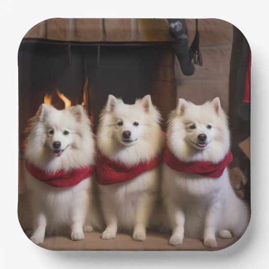 Amerikaanse Eskimo bij de open haard Kerstmis Papieren Bordje (Voorkant)