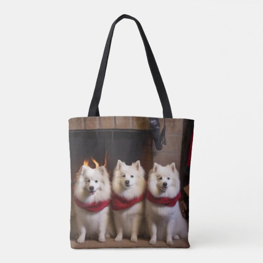 Amerikaanse Eskimo bij de open haard Kerstmis Tote Bag (Achterkant)