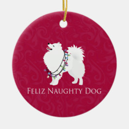 Amerikaanse Eskimo Dog Feliz Naughty Dog Kerstmis Keramisch Ornament