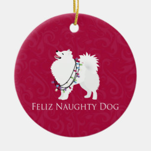 Amerikaanse Eskimo Dog Feliz Naughty Dog Kerstmis Keramisch Ornament