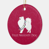 Amerikaanse Eskimo Dog Feliz Naughty Dog Kerstmis Keramisch Ornament (Links)