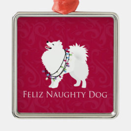 Amerikaanse Eskimo Dog Feliz Naughty Dog Kerstmis Metalen Ornament