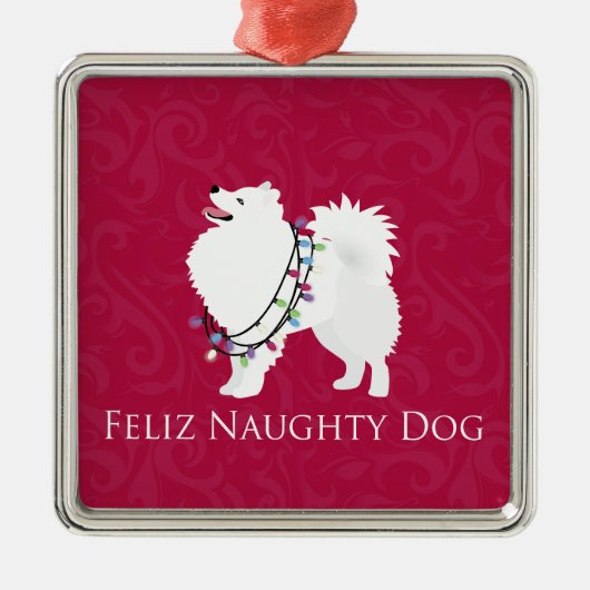 Amerikaanse Eskimo Dog Feliz Naughty Dog Kerstmis Metalen Ornament (Voorkant)