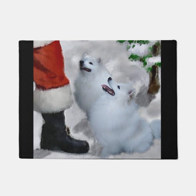 Amerikaanse Eskimo Dog Kerstmis Deurmat (Voorkant)