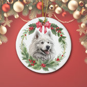 Amerikaanse Eskimo Dog Red Bow Holly Krans Keramisch Ornament
