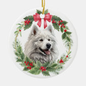 Amerikaanse Eskimo Dog Red Bow Holly Krans Keramisch Ornament (Voorkant)