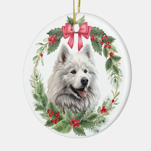 Amerikaanse Eskimo Dog Red Bow Holly Krans Keramisch Ornament (Links)