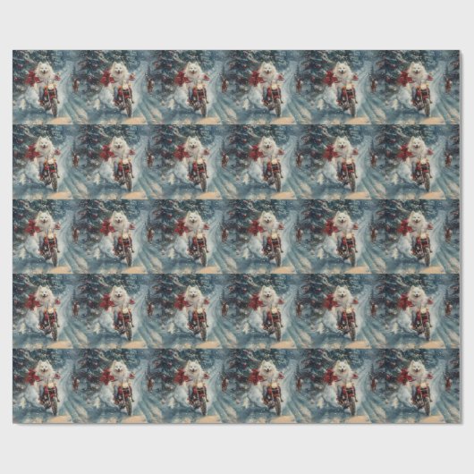 Amerikaanse Eskimo Dog Riding Motorfiets Kerstmis Cadeaupapier (Vlak)