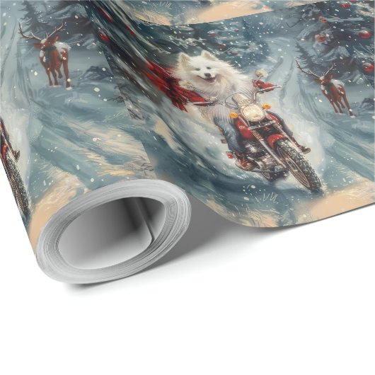 Amerikaanse Eskimo Dog Riding Motorfiets Kerstmis Cadeaupapier (Rol Hoek)