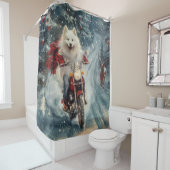 Amerikaanse Eskimo Dog Riding Motorfiets Kerstmis Douchegordijn (In situ)