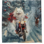 Amerikaanse Eskimo Dog Riding Motorfiets Kerstmis Douchegordijn (Voorkant)