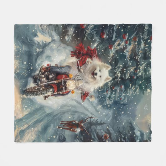 Amerikaanse Eskimo Dog Riding Motorfiets Kerstmis Fleece Deken (Voorkant (Horizontaal))