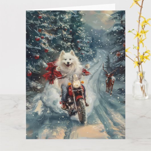 Amerikaanse Eskimo Dog Riding Motorfiets Kerstmis Kaart (Gele Bloem)