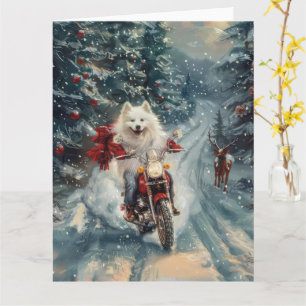 Amerikaanse Eskimo Dog Riding Motorfiets Kerstmis Kaart