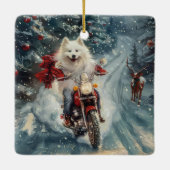 Amerikaanse Eskimo Dog Riding Motorfiets Kerstmis Keramisch Ornament (Achterkant)