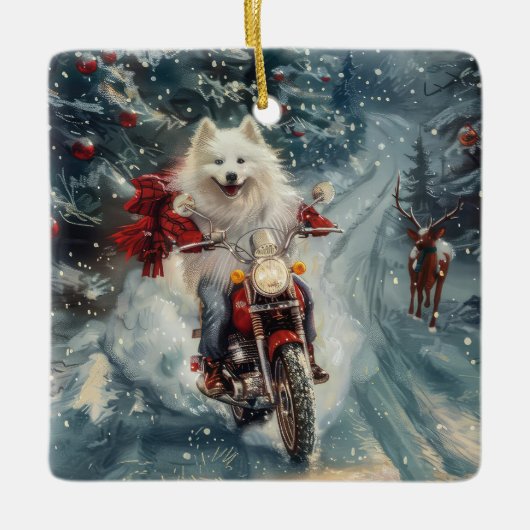 Amerikaanse Eskimo Dog Riding Motorfiets Kerstmis Keramisch Ornament (Voorkant)